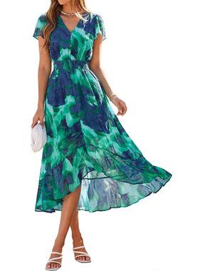 Women's Green Short Sleeve V Neck High Low Boho Floral Imported Maxi Dress